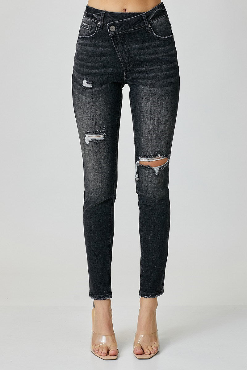 Black High Rise Crossover Relaxed Skinny Jeans