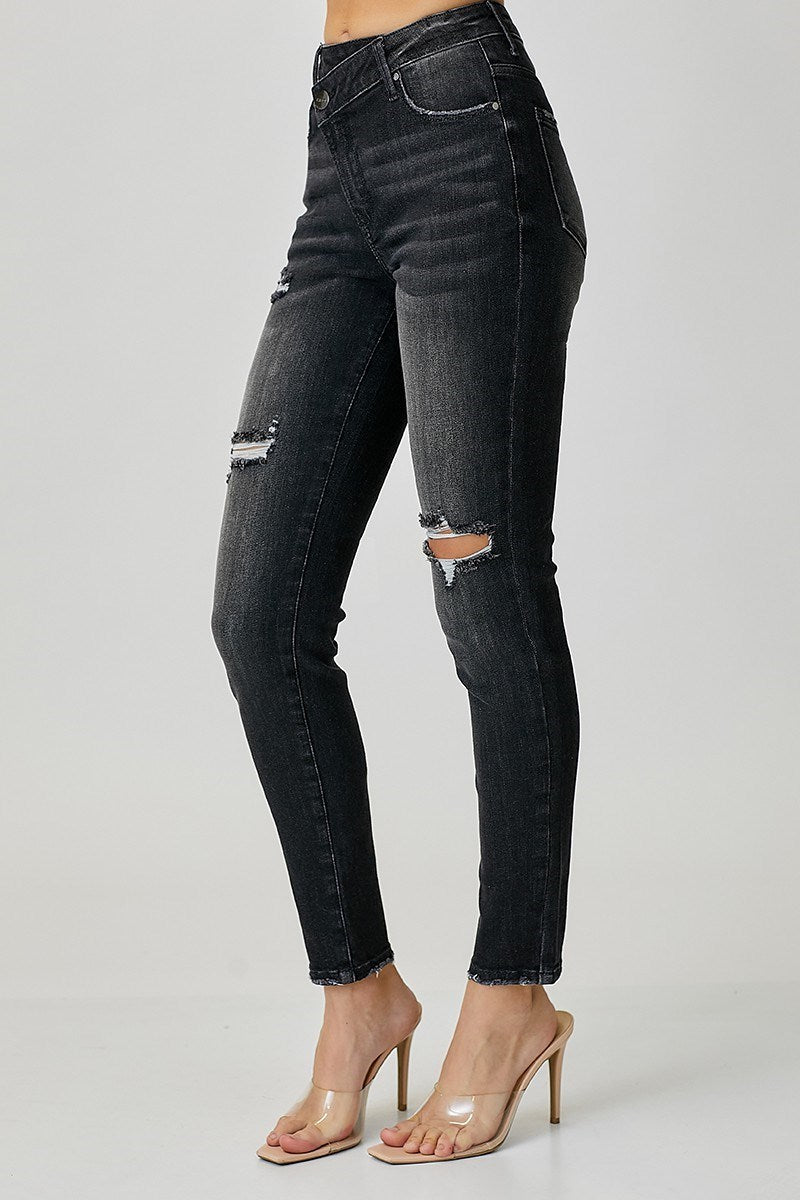 Black High Rise Crossover Relaxed Skinny Jeans