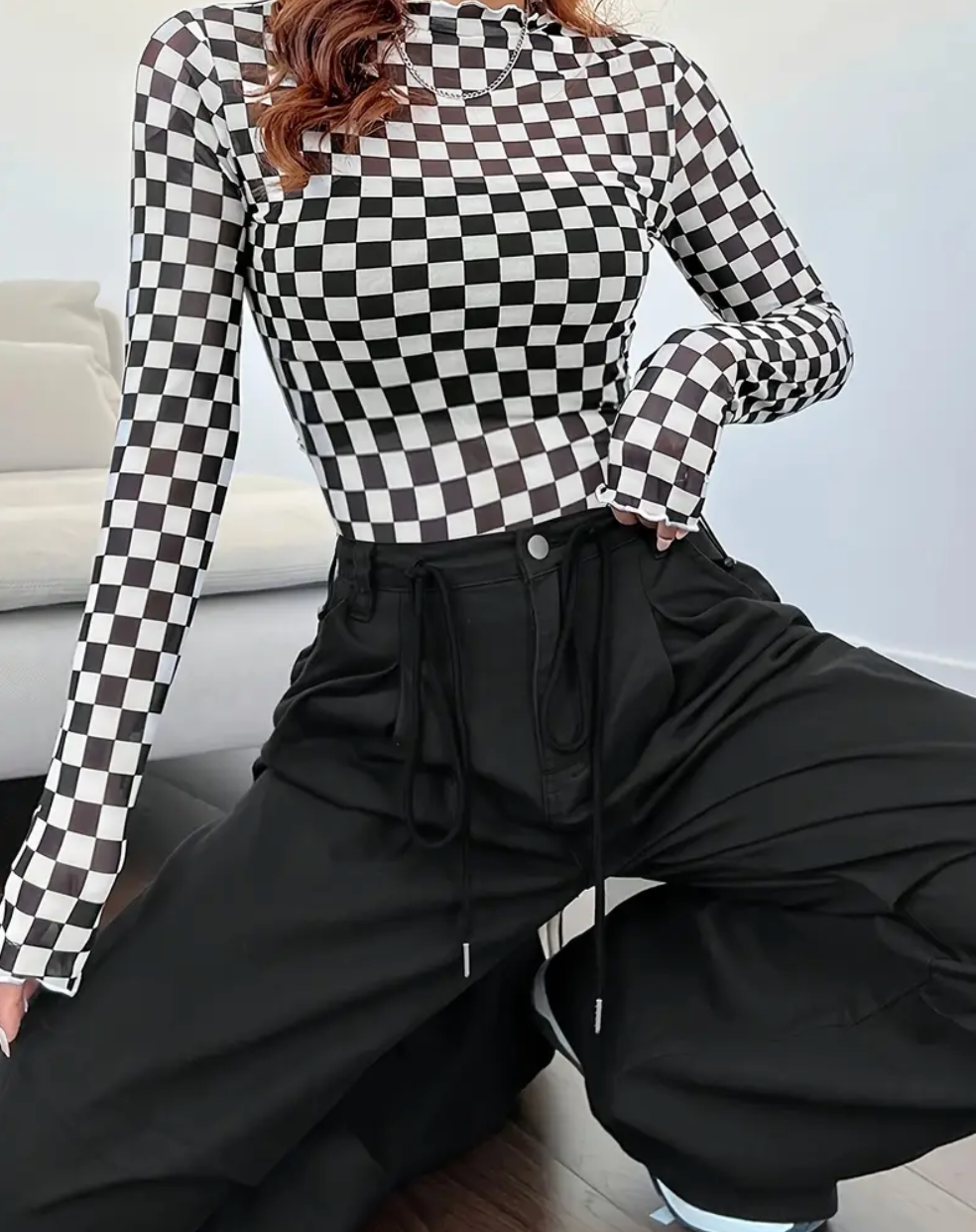Checker Mesh Long Sleeve
