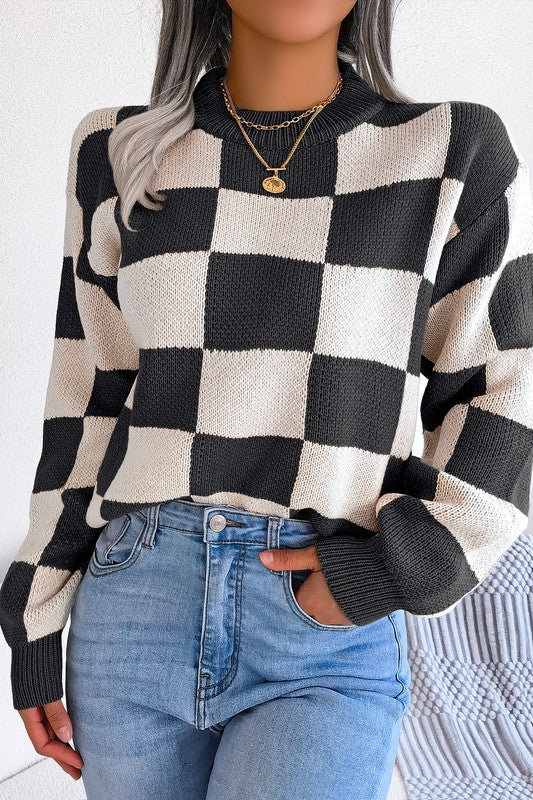 Ophelia Round Neck Checker Pullover SWEATER