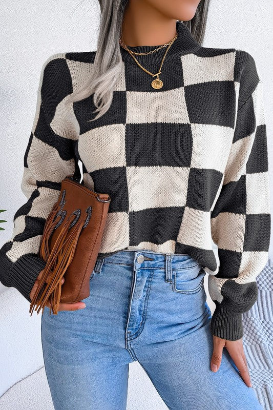 Ophelia Round Neck Checker Pullover SWEATER