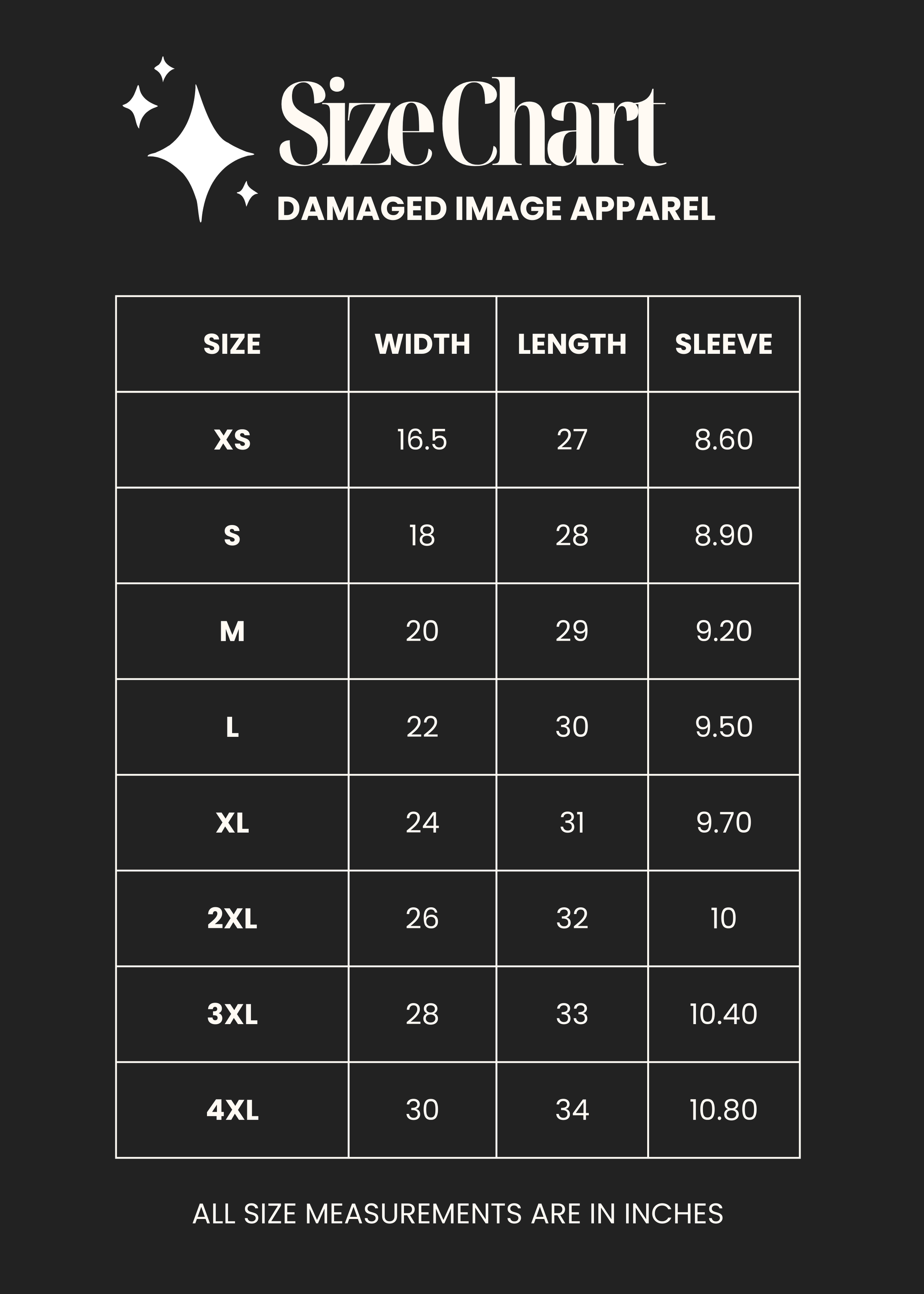 Size chart listing measurements for selected tee