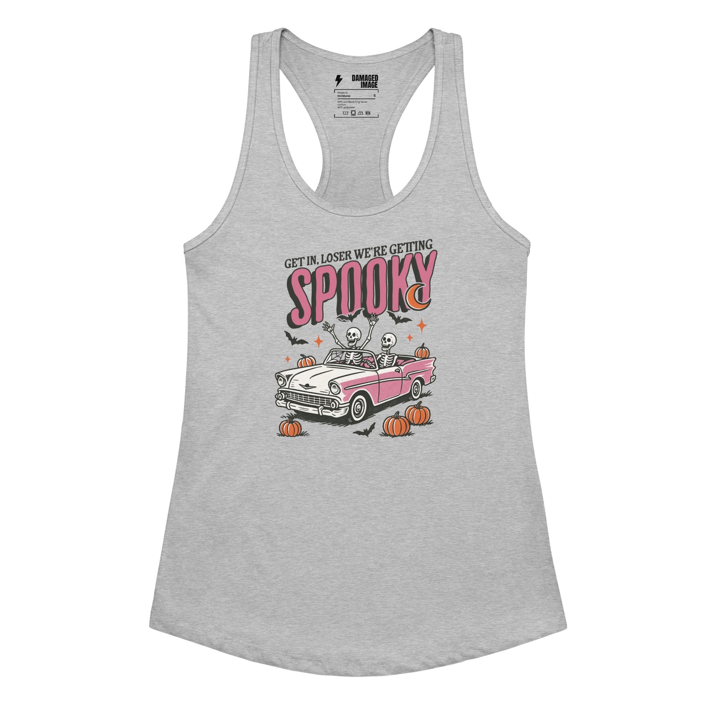 GREY GRAPHIC TANK TOP WITH BOLD LETTERING THAT SAYS GET IN LOSER WE'RE GETTING SPOOKY 
