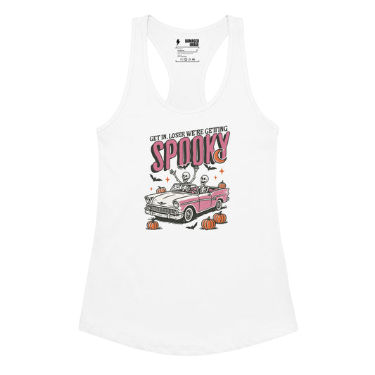 GRAPHIC TEE IN WHTIE WITH BOLD LETTERING THAT SAYS GET IN LOSER WE'RE GETTING SPOOKY