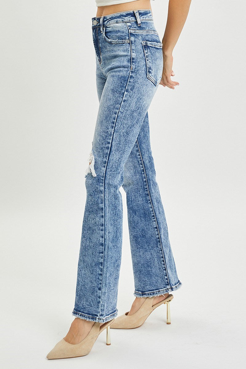 HIGH RISE KNEE DISTRESSED FLARE JEANS