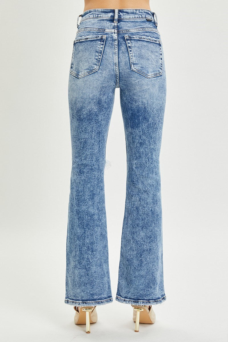 HIGH RISE KNEE DISTRESSED FLARE JEANS