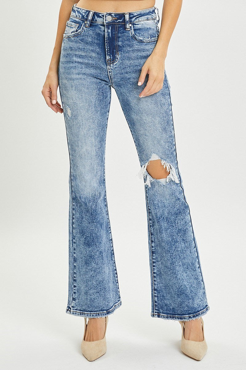 HIGH RISE KNEE DISTRESSED FLARE JEANS