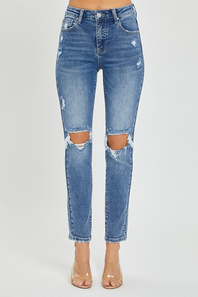 HIGH RISE KNEE DISTRESSED SKINNY JEANS