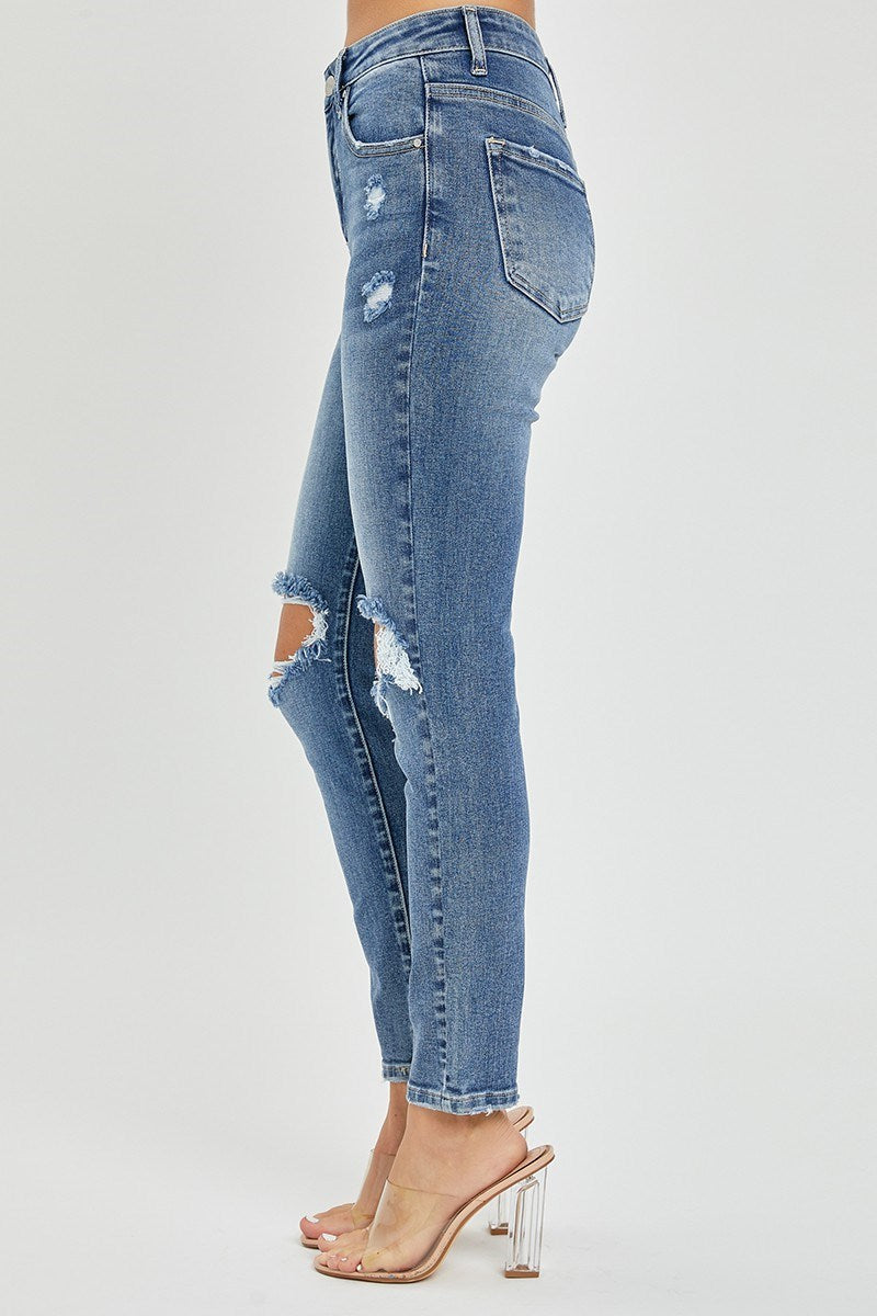 HIGH RISE KNEE DISTRESSED SKINNY JEANS