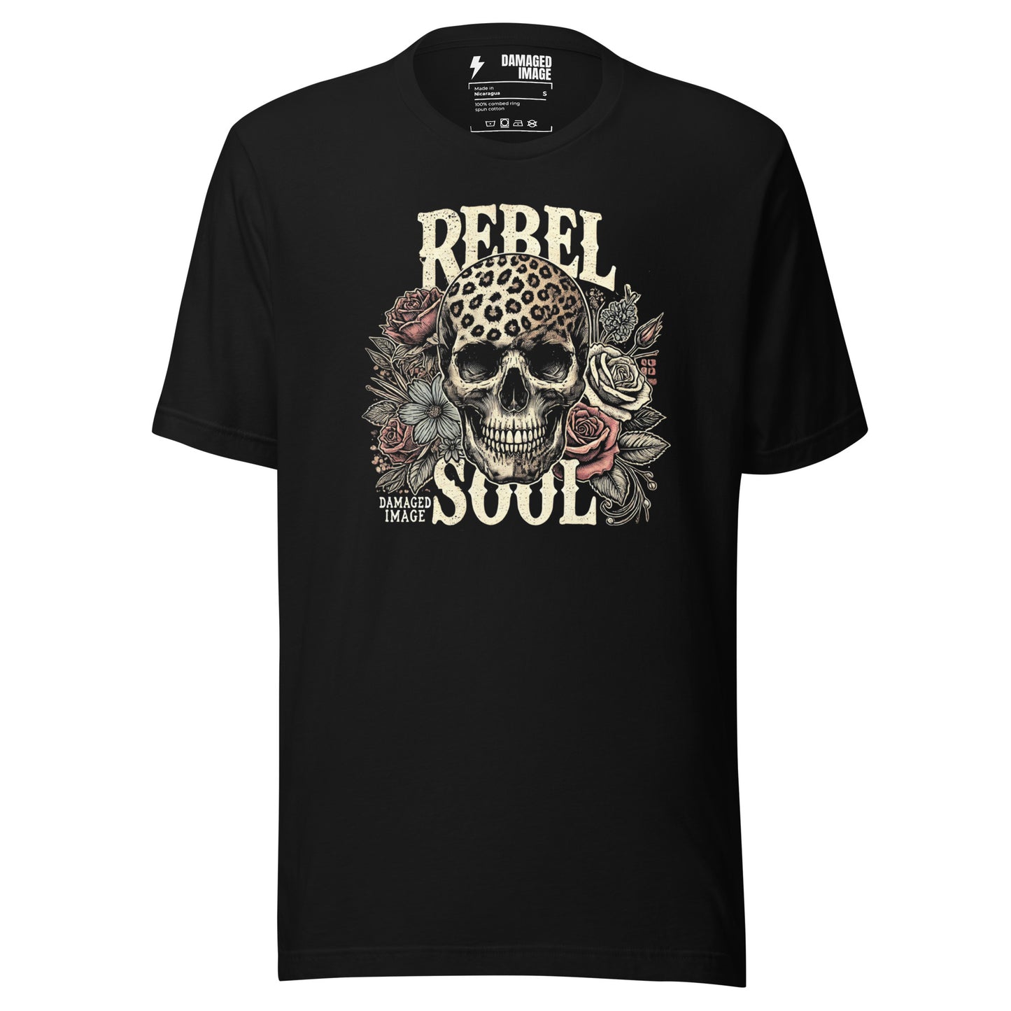 Black t-shirt on a white background with a graphic design of a leopard print skull surrounded by flowers and the text rebel soul on a black tshirt