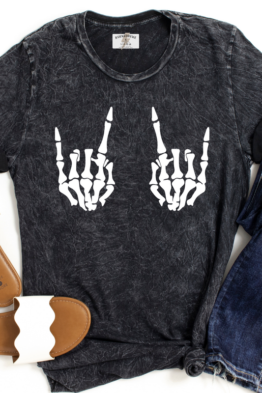 Skeleton Hands Rock On Mineral Wash Tee