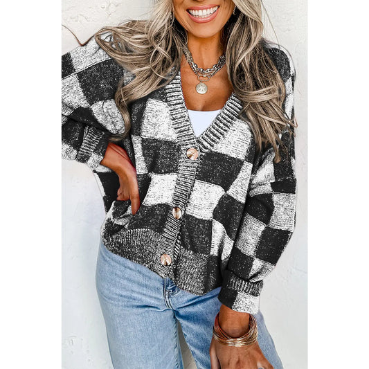 Checker Drop Shoulder V-Neck Cardigan